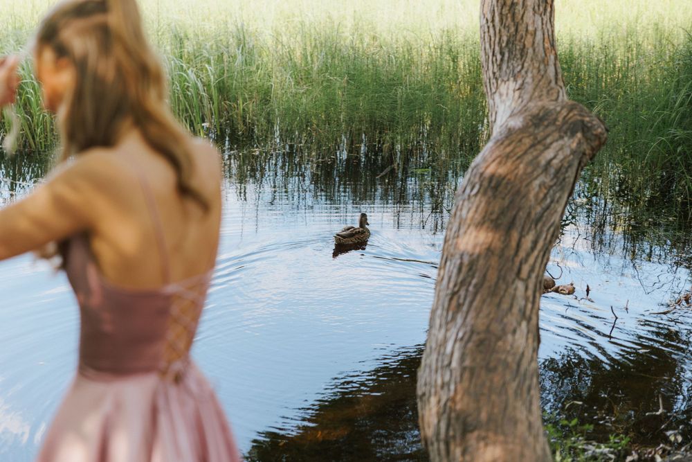 A duck swims in a tranquil pond surrounded by grass and trees while someone in a pink dress watches from the bank.