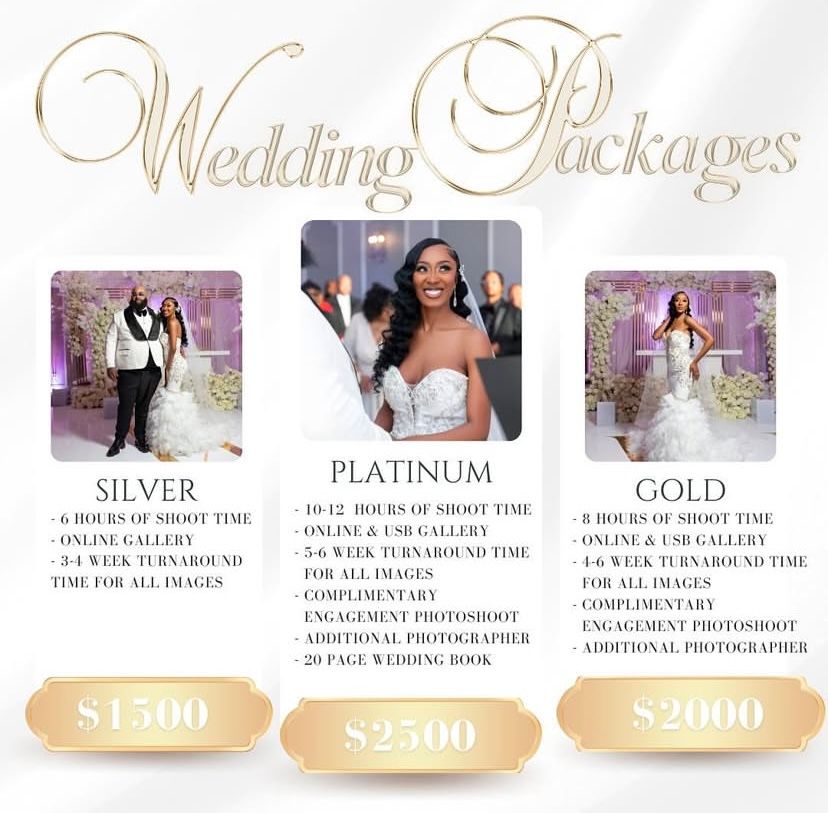 Wedding photography pricing packages display with gold text and sample photos.