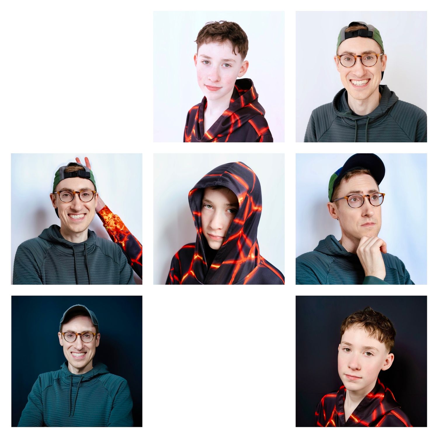 A grid of portrait photos showing different poses and expressions against white backgrounds.
