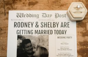 A vintage-style wedding day announcement on a rustic wooden background displays Rodney and Shelby's marriage plans.