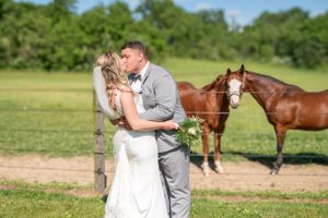 Romantic wedding moment captured in field with horses grazing in background.