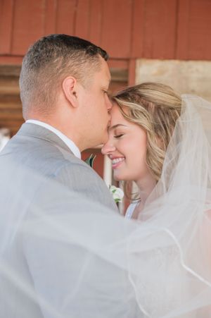 Intimate wedding portrait of couple sharing tender moment under bridal veil.