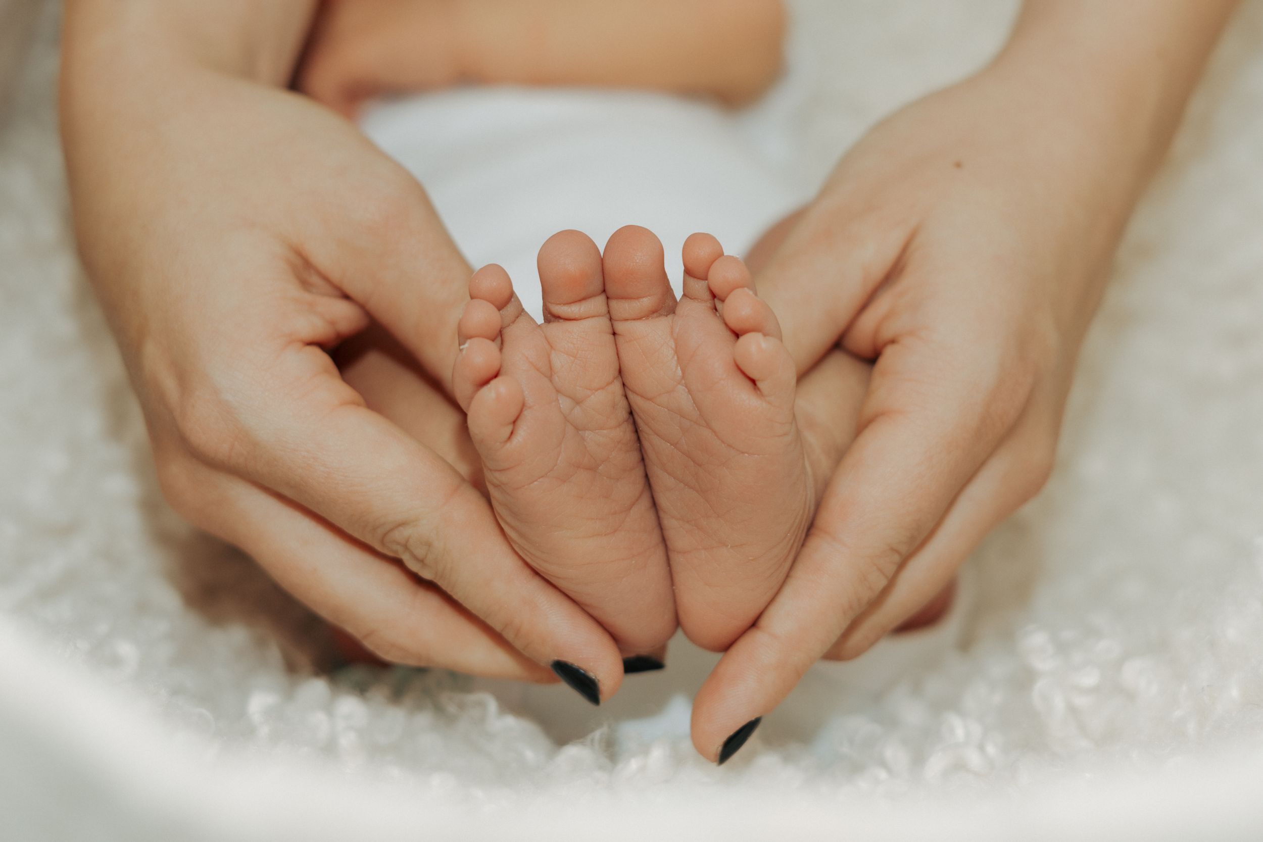 Gentle hands holding tiny newborn feet against white background.