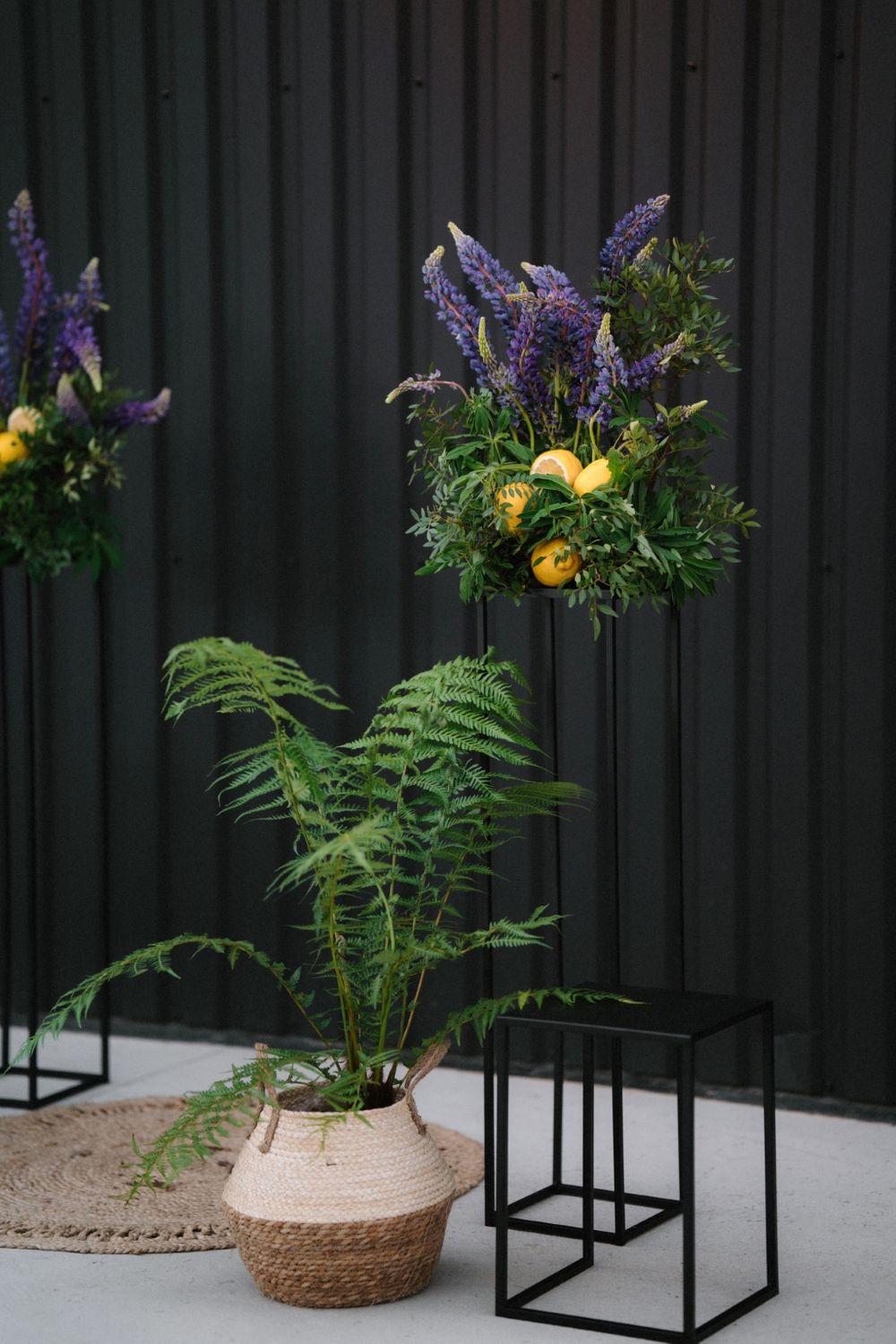 Modern floral arrangement with purple lupines and yellow flowers in black geometric planters.