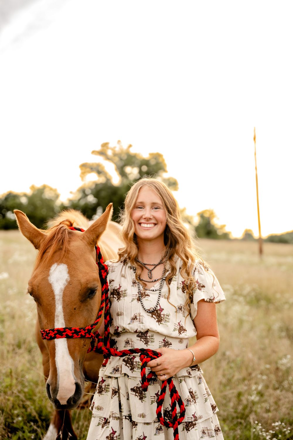 Woman in floral dress poses with a brown and white horse in a sunlit meadow.