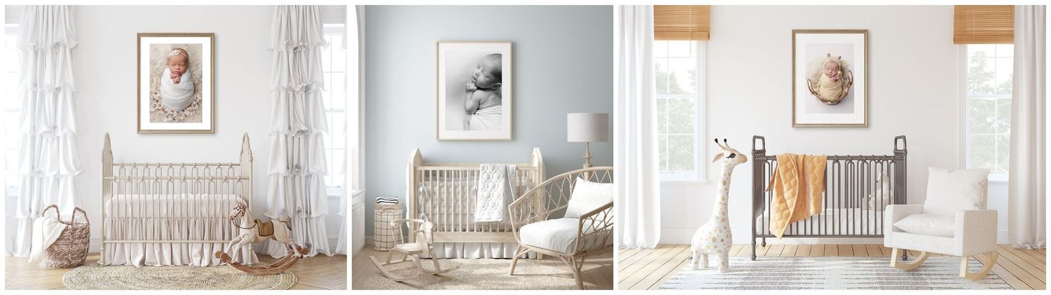 Three-image collage of nursery mockups with framed artwork hung above crib in modern room designs