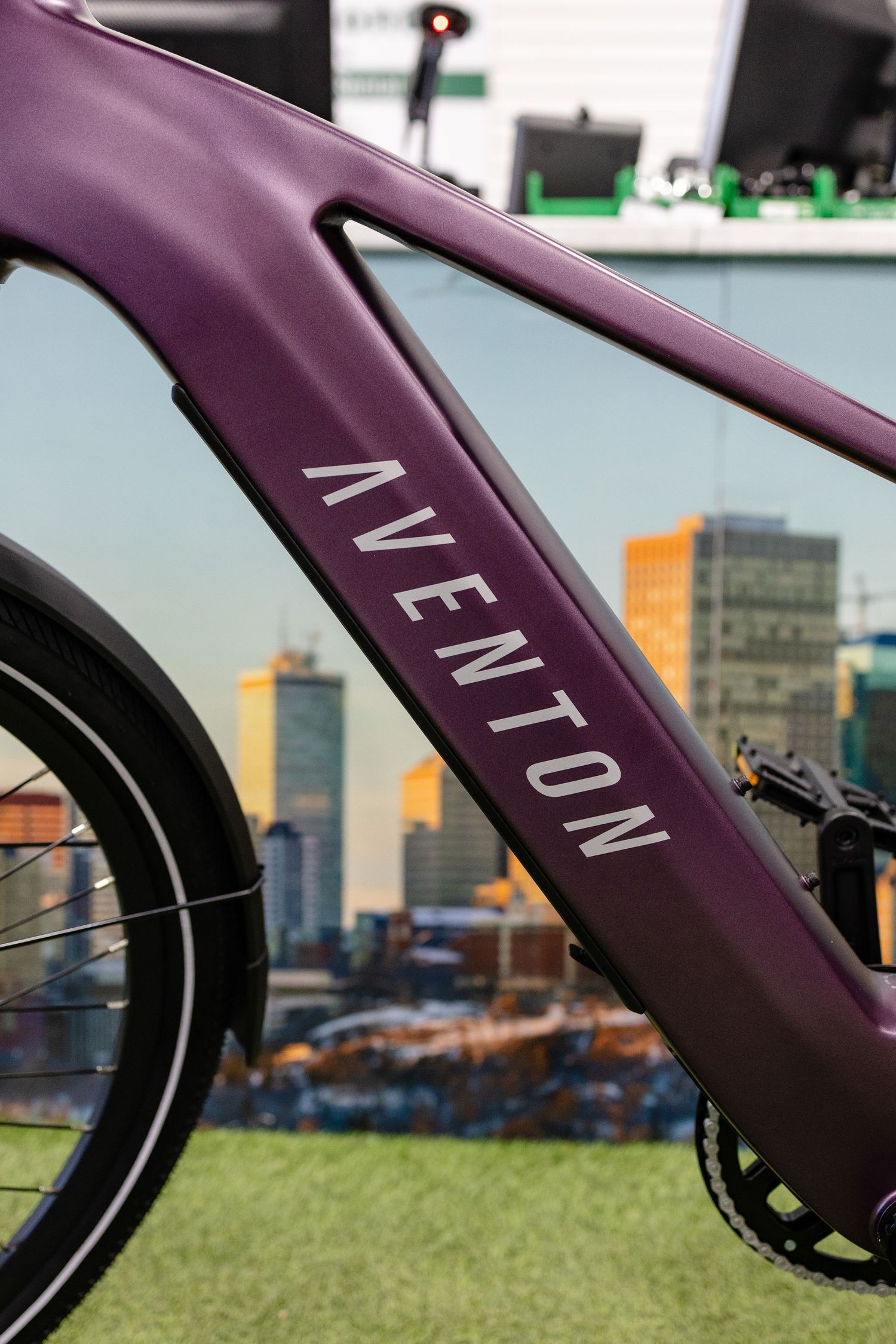 Close-up detail of a purple bicycle frame with VIT branding against a city skyline.