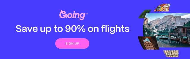 Going travel website banner showing mountain scenery with 90 percent off flights promotion.