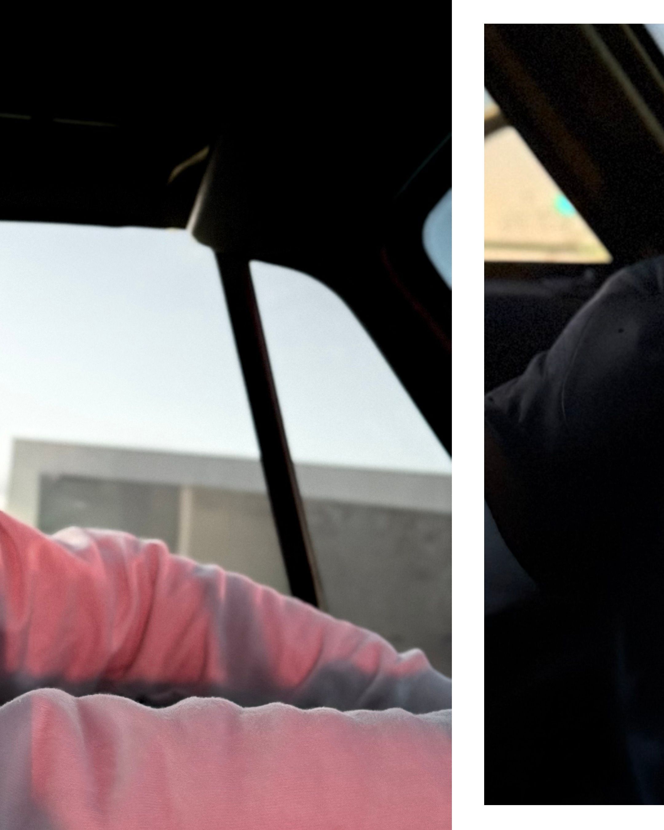 Split image of pink fabric and dark interior through car window.