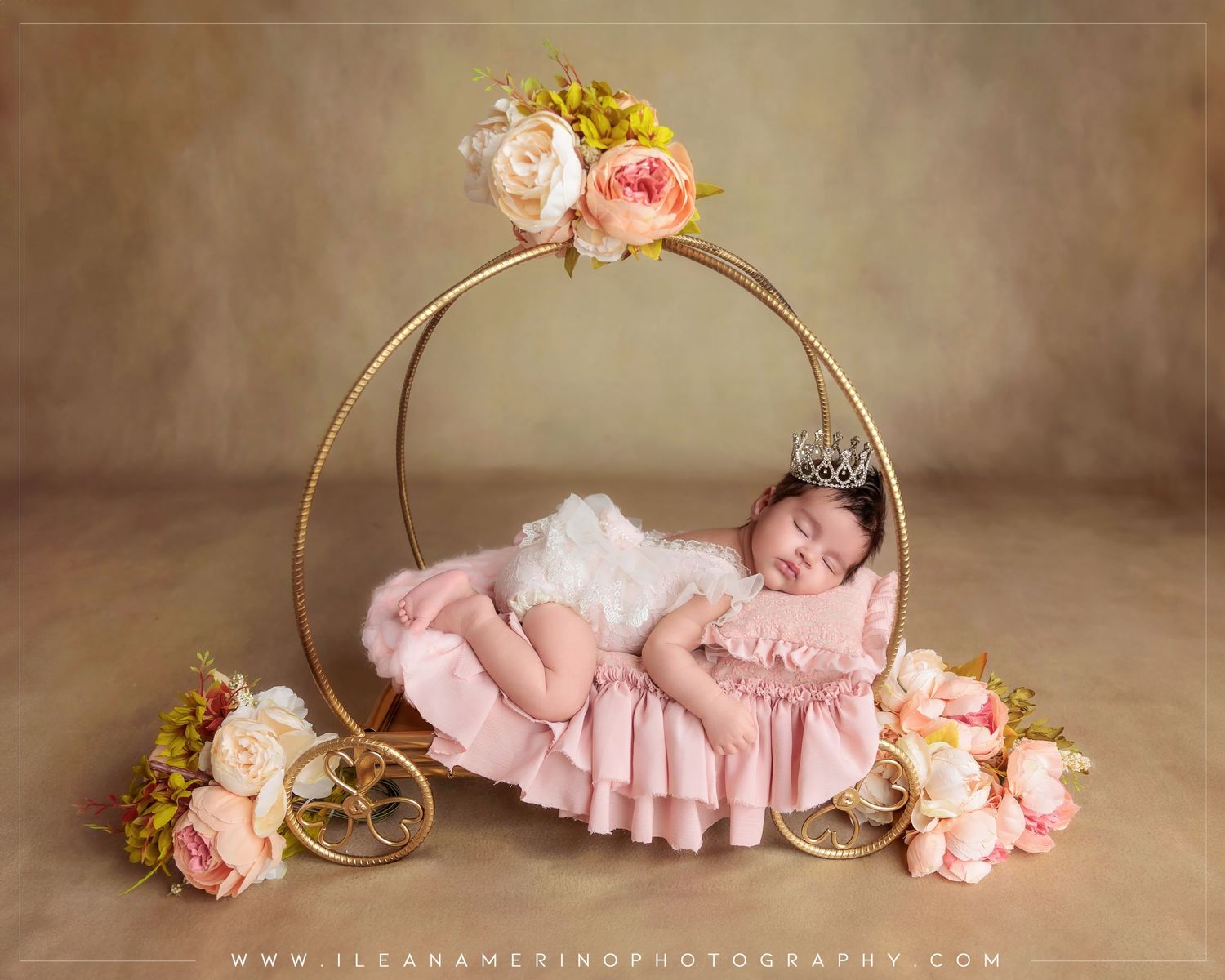 Sleeping newborn baby in pink dress rests in a gold circular carriage prop adorned with fresh flowers.