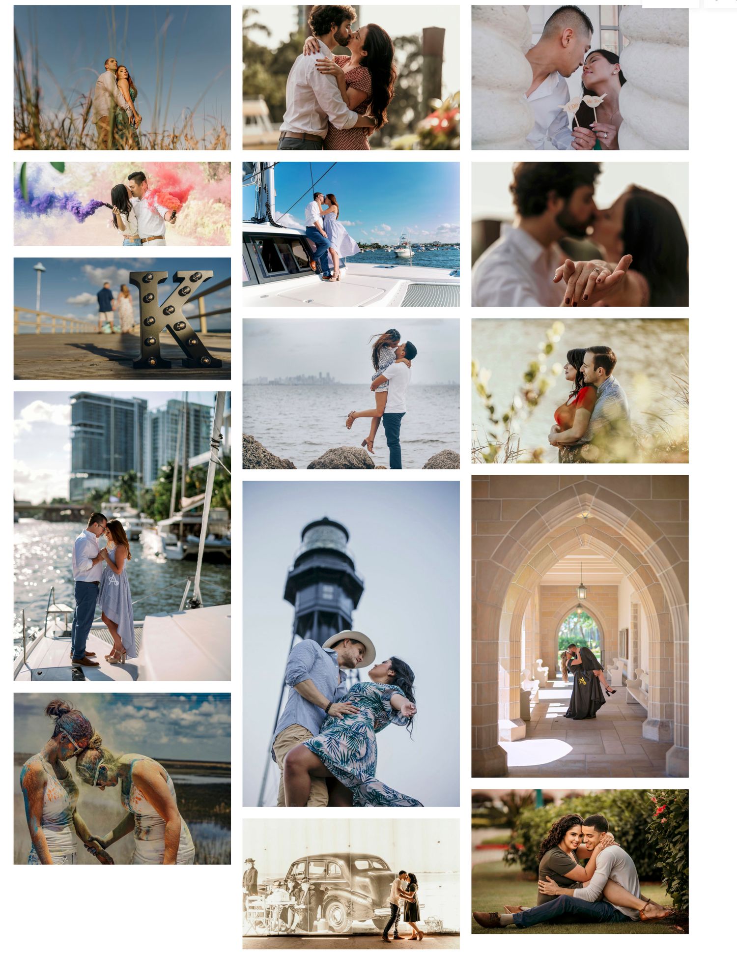 A collection of romantic engagement and wedding photography showing couples in various outdoor and architectural settings.