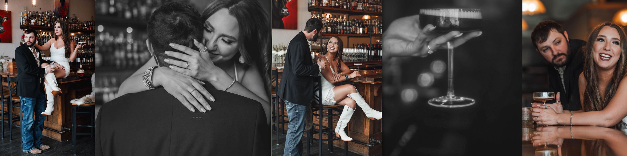 A romantic black and white collage showing intimate moments of a couple at various candid moments at a celebration.