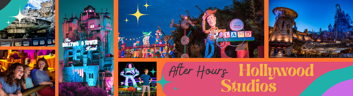 Promotional collage featuring Hollywood Studios After Hours event with nighttime park scenes and attractions.