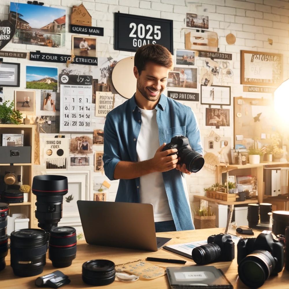 A photographer workspace with camera gear, laptop, and wall calendar showing 2025 against a collage of photos and posters.