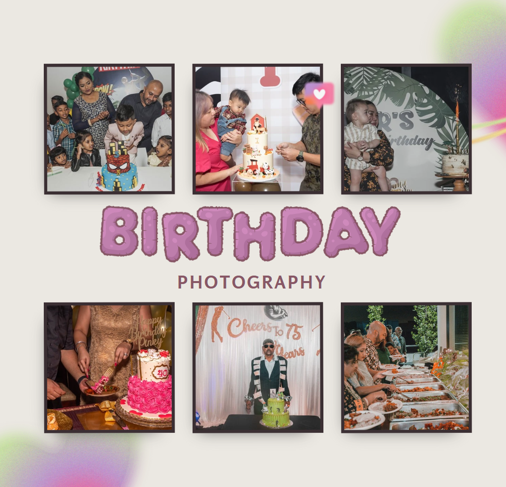 Collection of birthday photography moments displayed in a collage with purple text.