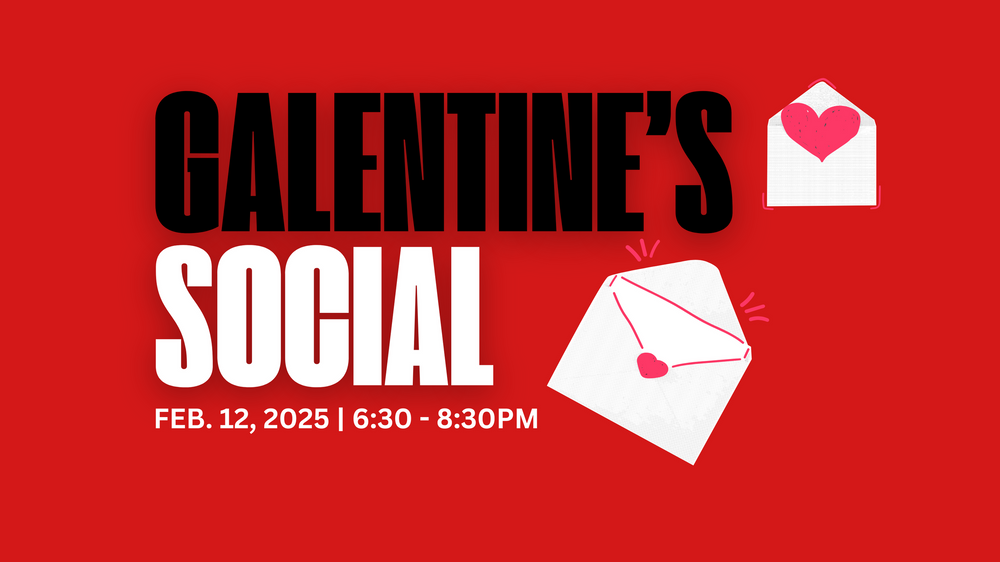 Red and white Galentine's Day event banner with heart and envelope graphics.