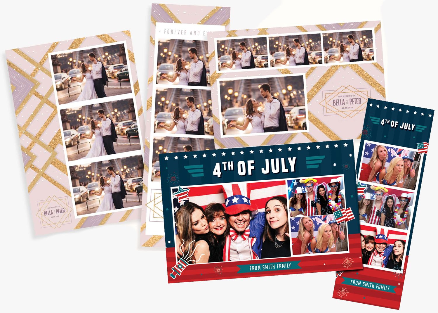 Collection of photo booth strips and prints with patriotic 4th of July themed borders and decorations.