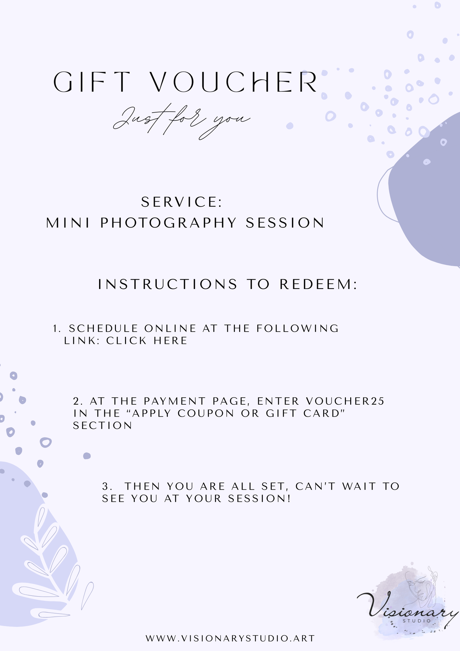 Elegant lavender gift voucher for a mini photography session with redemption instructions from Visionary Studio.