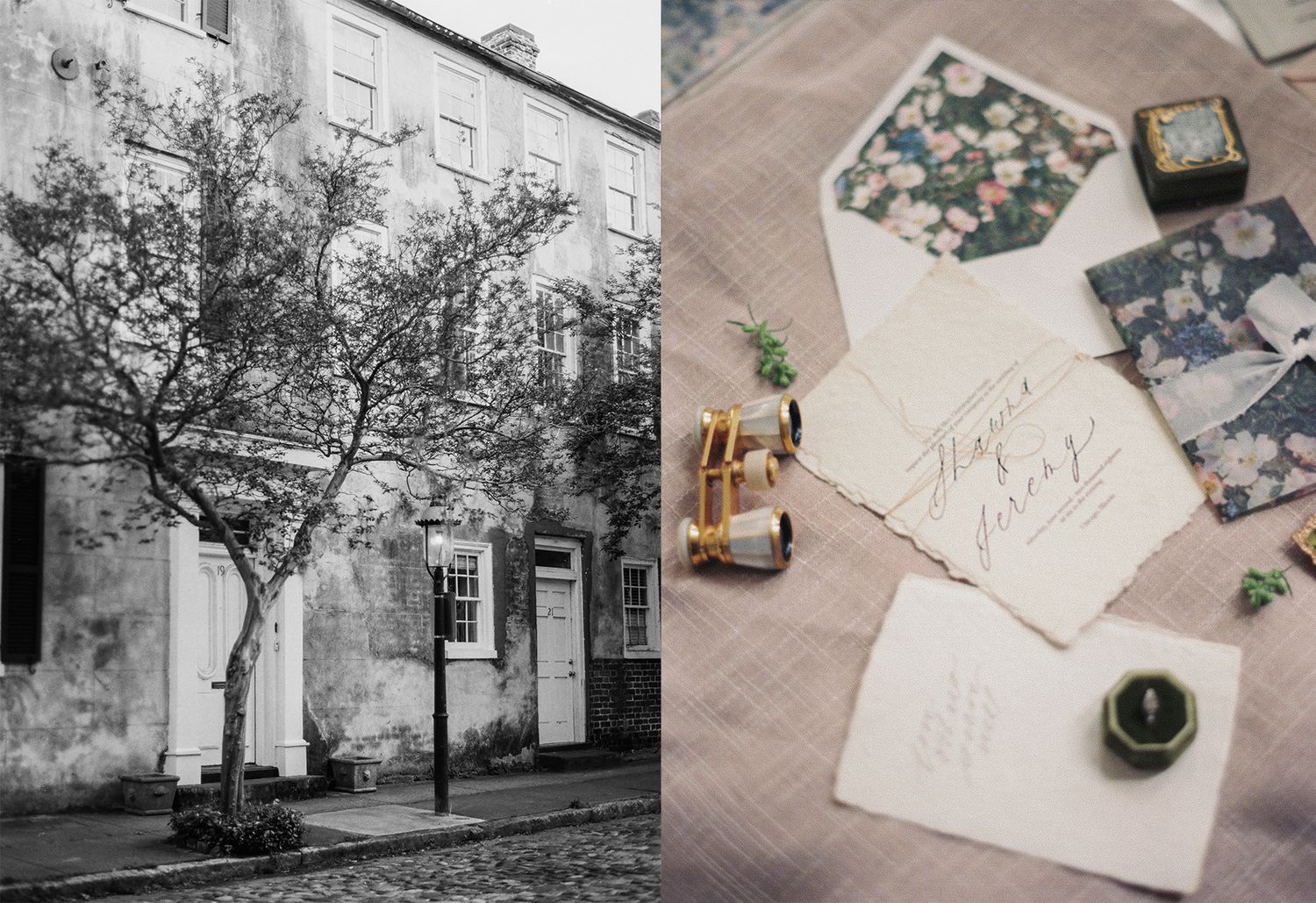 Black and white photo of historic building exterior with tree alongside vintage desk layout with handwritten letters and photos.