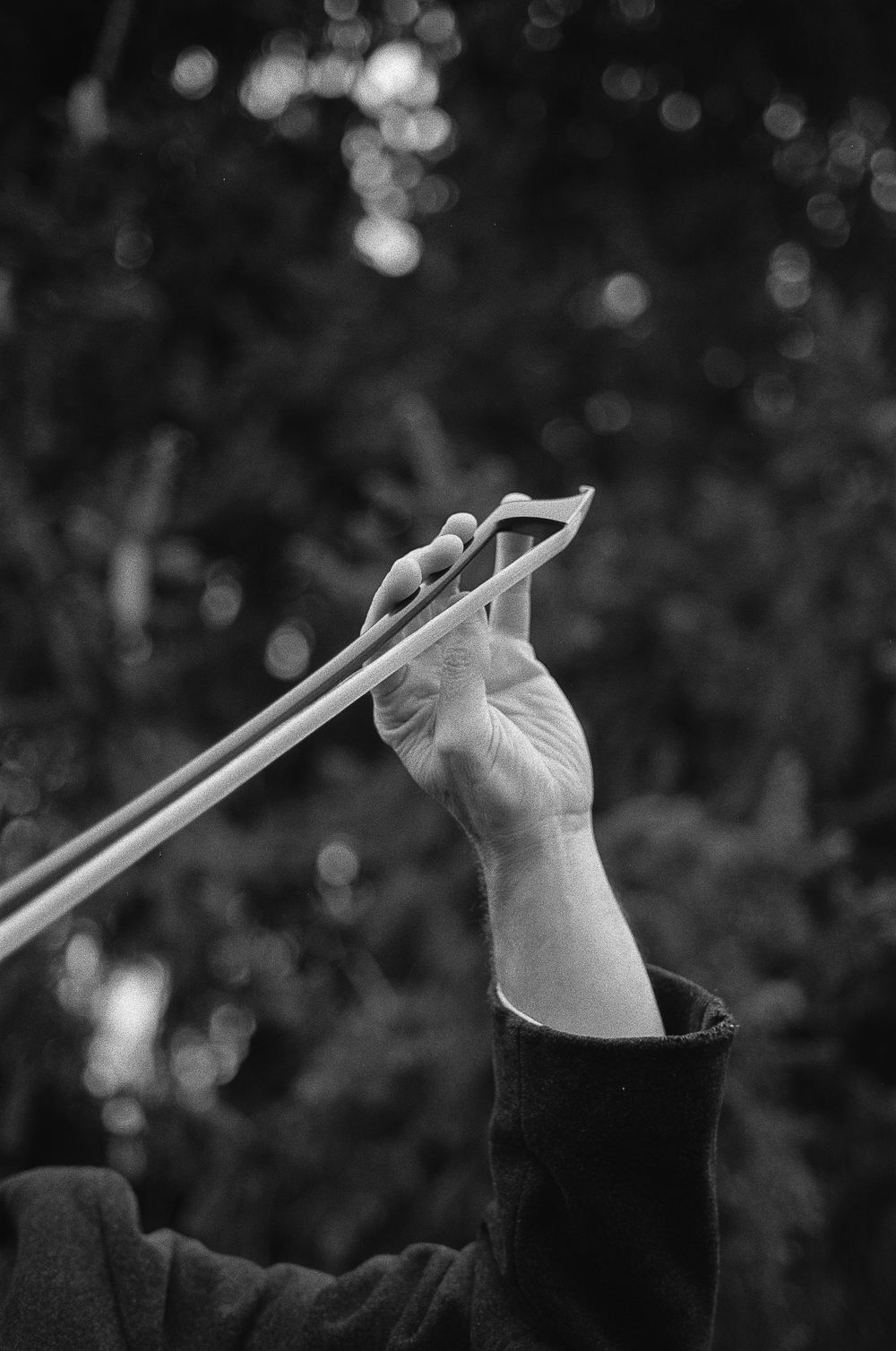 A hand holding chopsticks delicately against a dark bokeh background, captured in black and white photography.