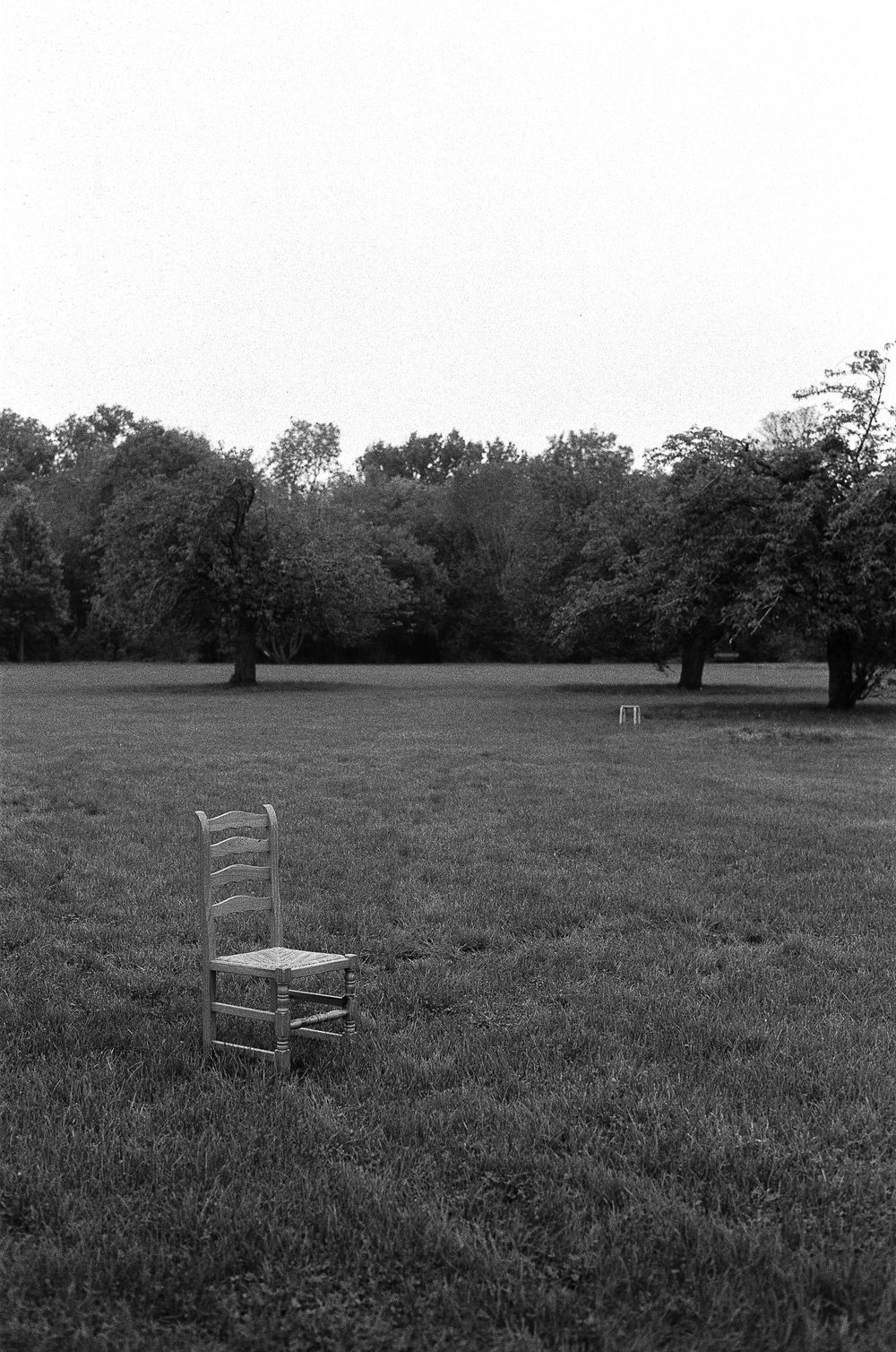 A lone wooden chair sits empty in a grassy field surrounded by trees in black and white.