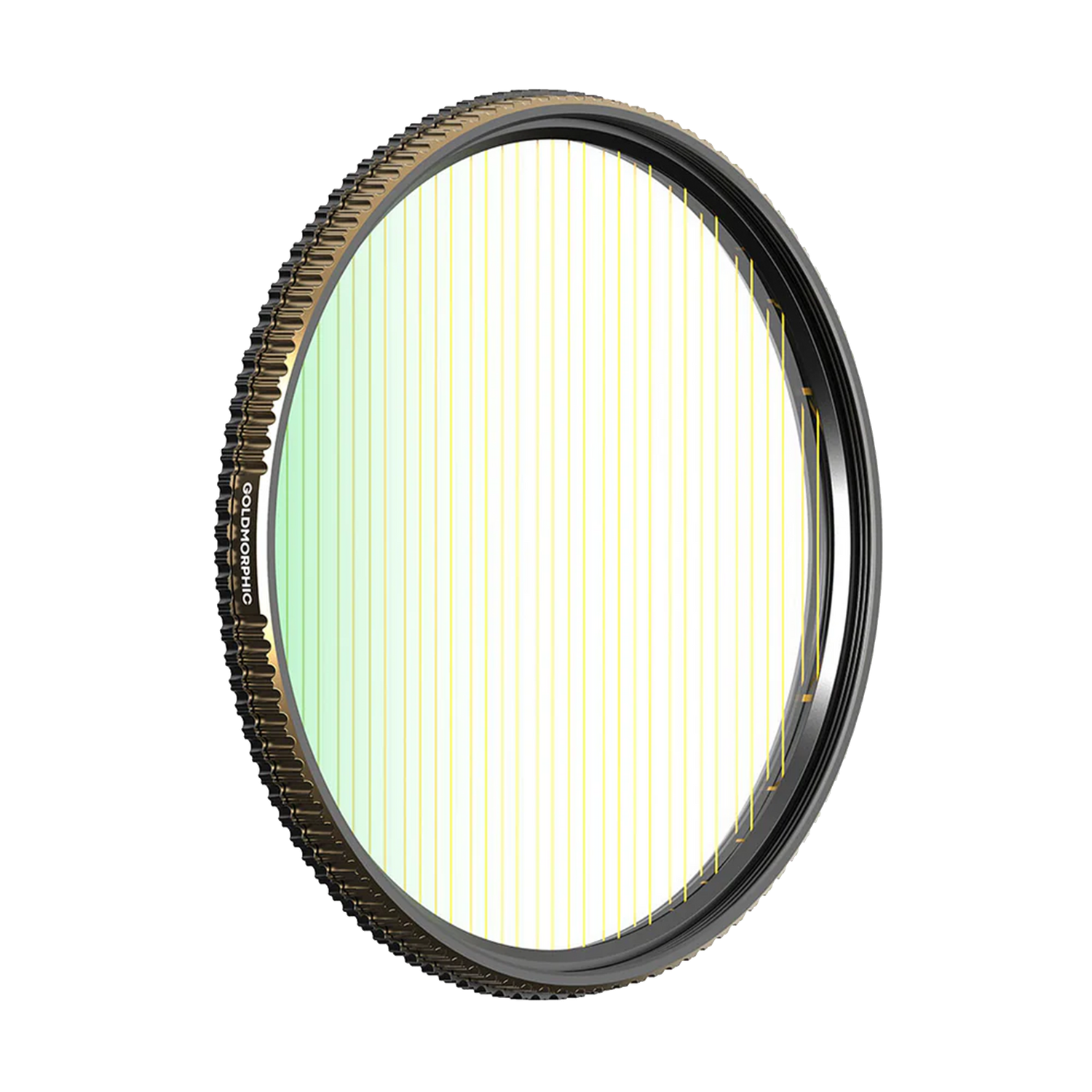 A circular camera lens filter with a black textured rim and clear glass center viewed at an angle.