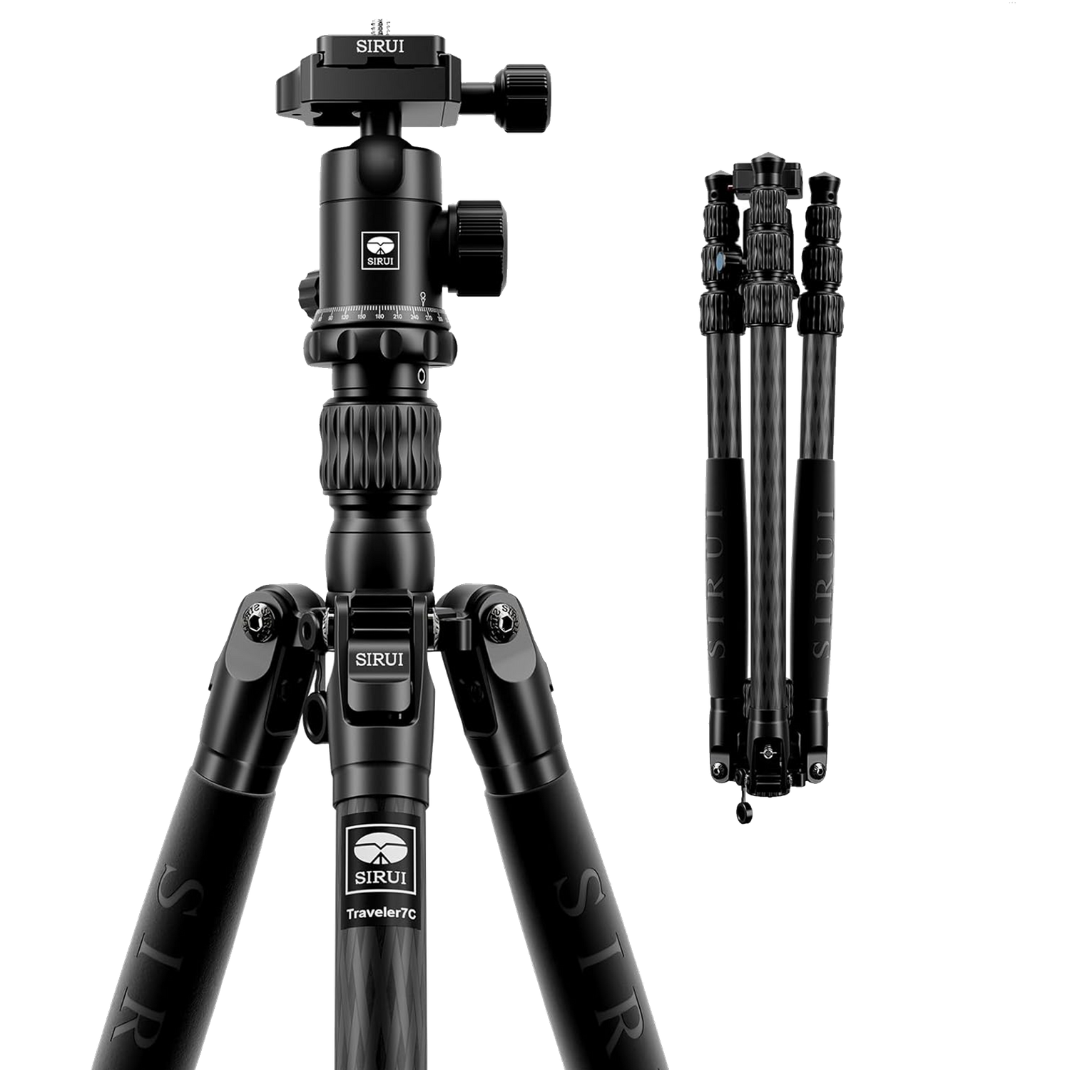 Professional black aluminum camera tripod shown extended and folded for comparison with ball head mount and carrying case.