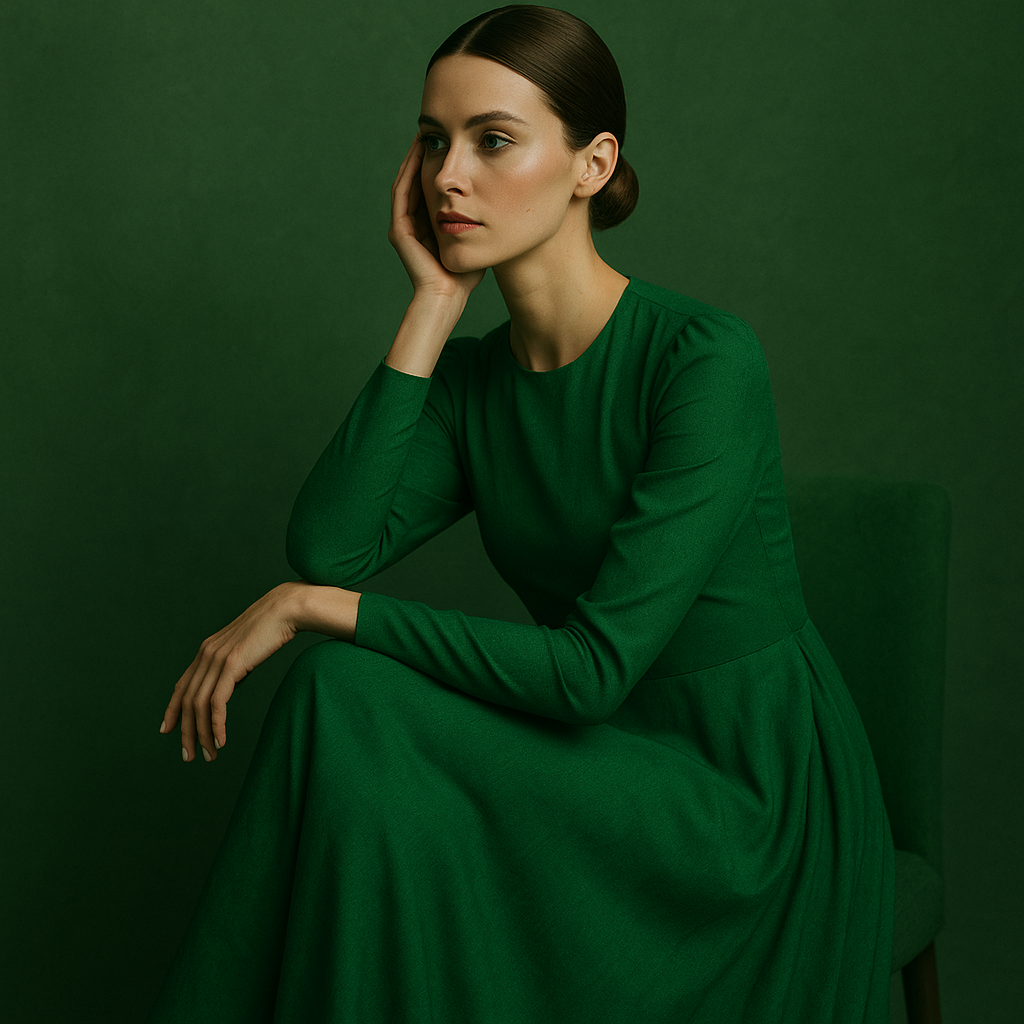 Fashion portrait of elegant figure in emerald green dress against dark green background in moody lighting.