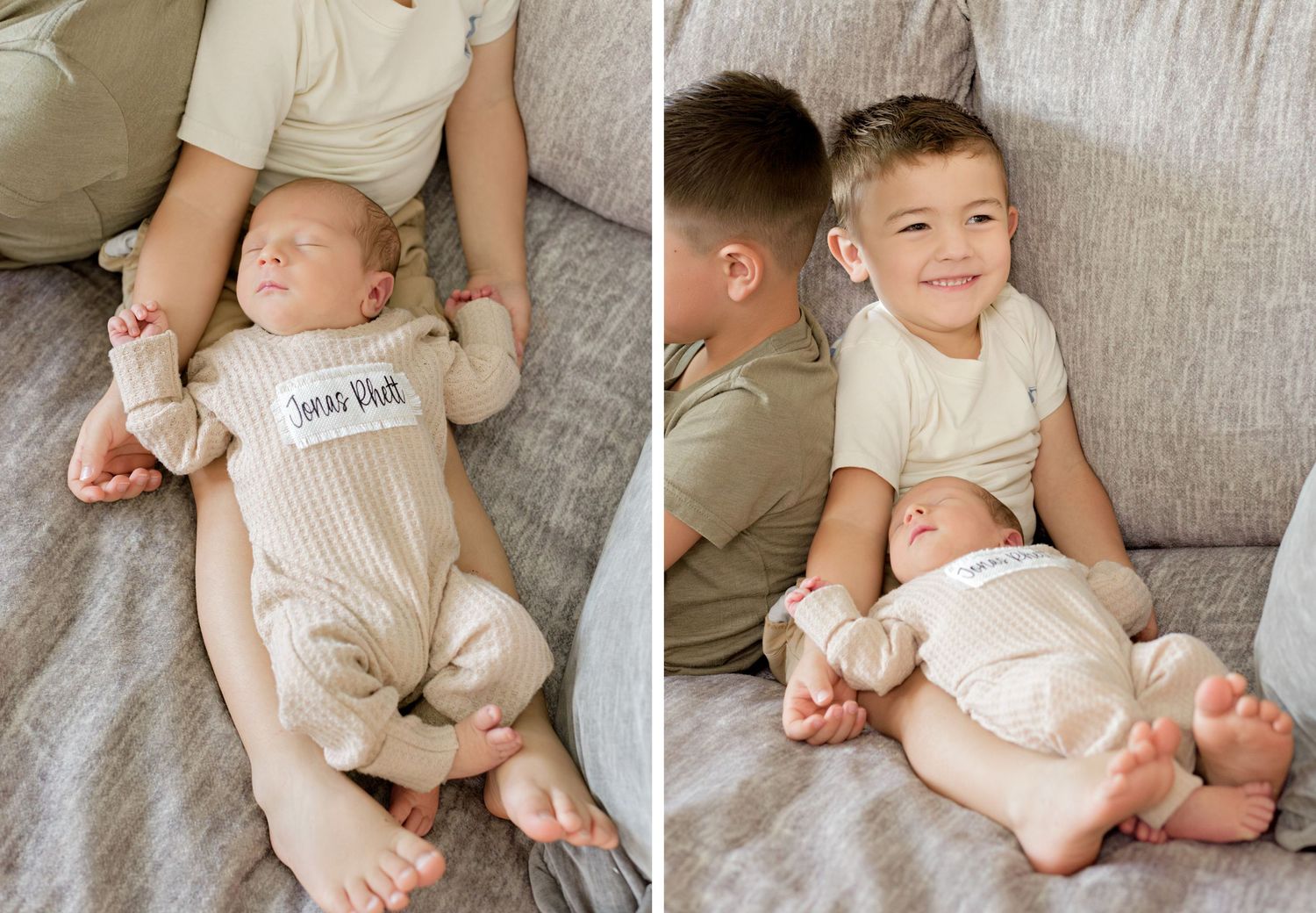 Sweet candid photos of siblings relaxing together on couch, with baby wearing neutral colored onesie.