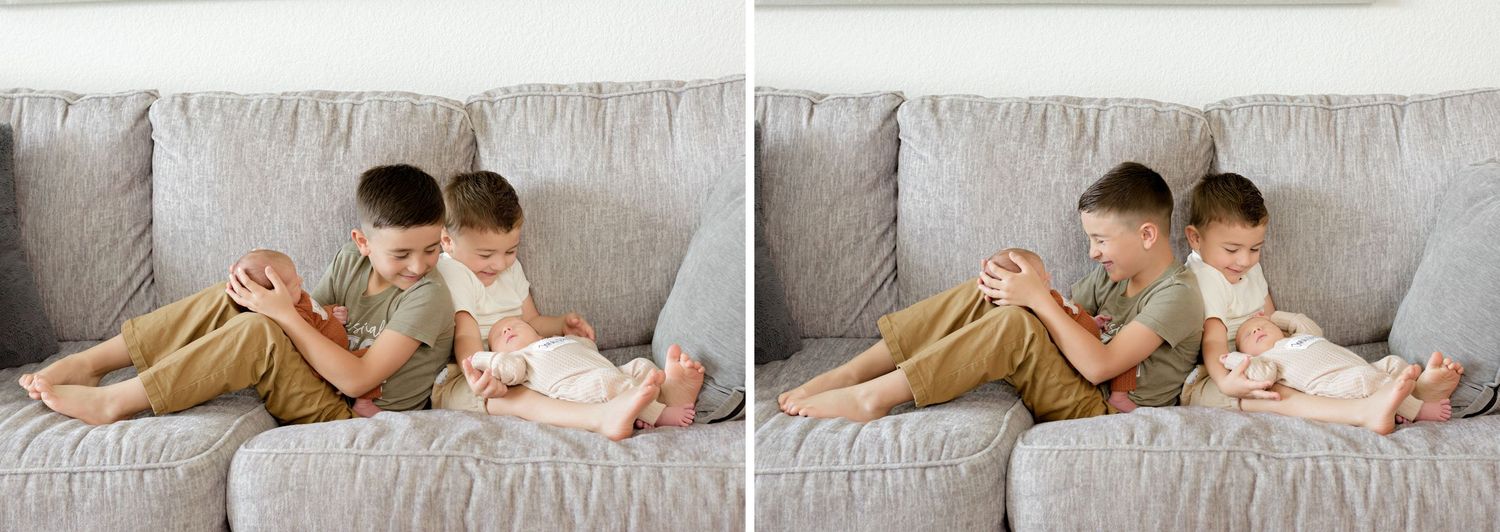 Series of candid shots showing children cuddling on comfortable sofa.