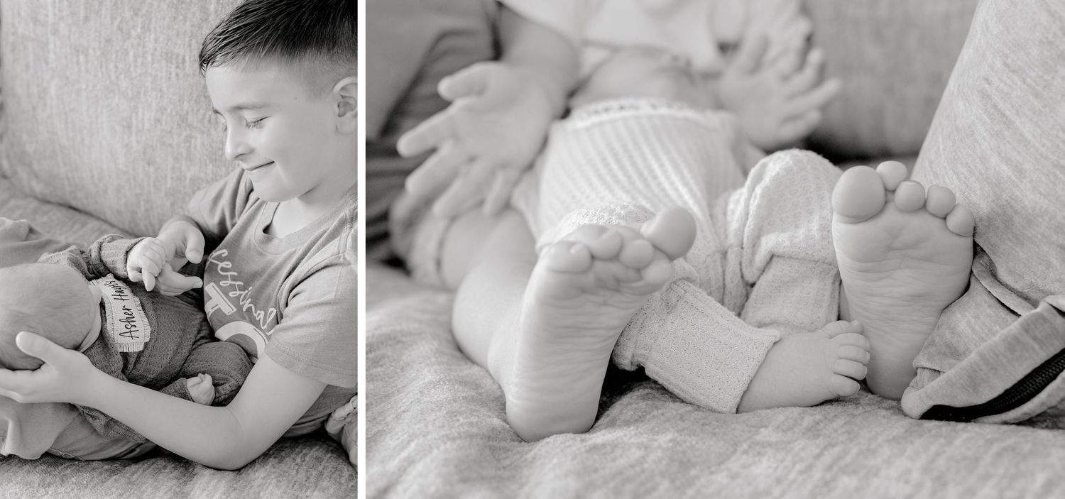 Close-up black and white photos showing details of baby feet and hands with siblings.