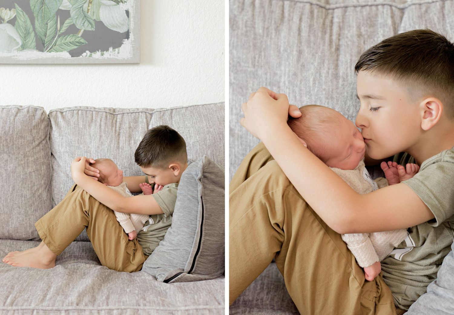 Sweet interaction captured in sequence showing children bonding on sofa.