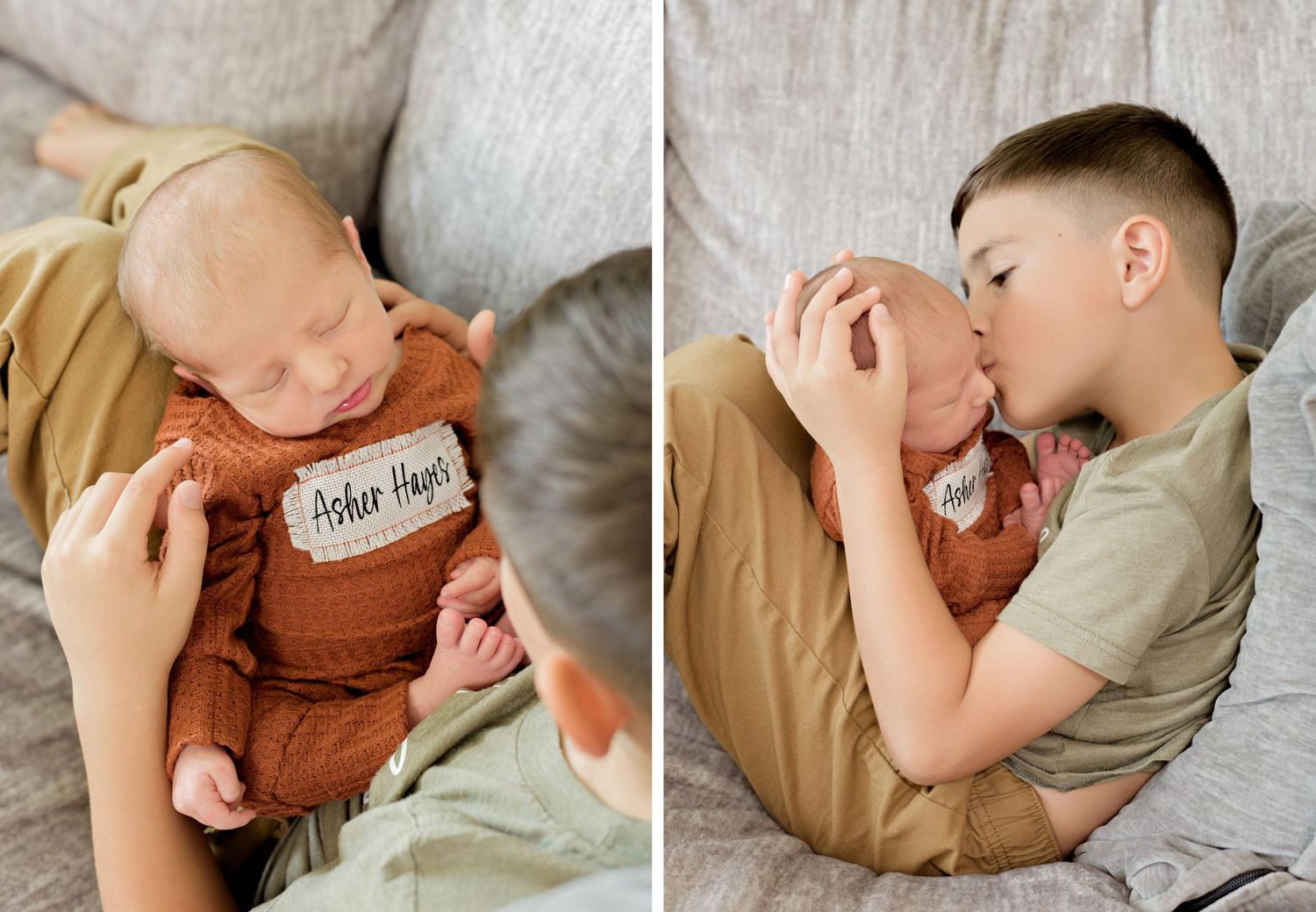 Two tender moments showing siblings bonding with a baby wearing a rust-colored outfit on light-colored bedding.