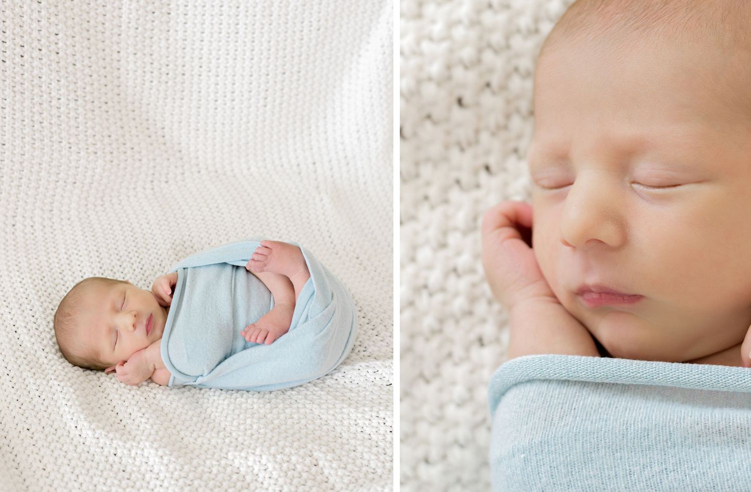A sleeping newborn wearing light blue swaddle blanket photographed from multiple angles while resting on white bedding.