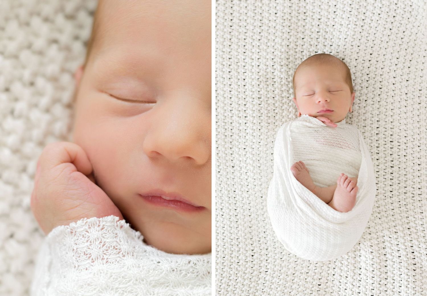 Heartwarming collection of soft, neutral-toned newborn photos arranged in a gentle collage against white backgrounds.
