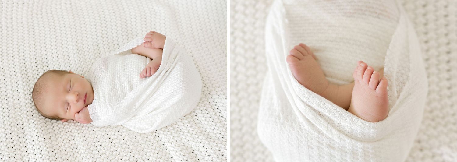Several close-up views of an infant's hands, feet, and swaddled body on white textured fabric in a collage layout.