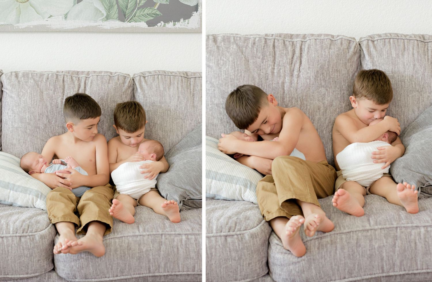 Two siblings share tender moments while sitting on a grey couch in both side-by-side images.