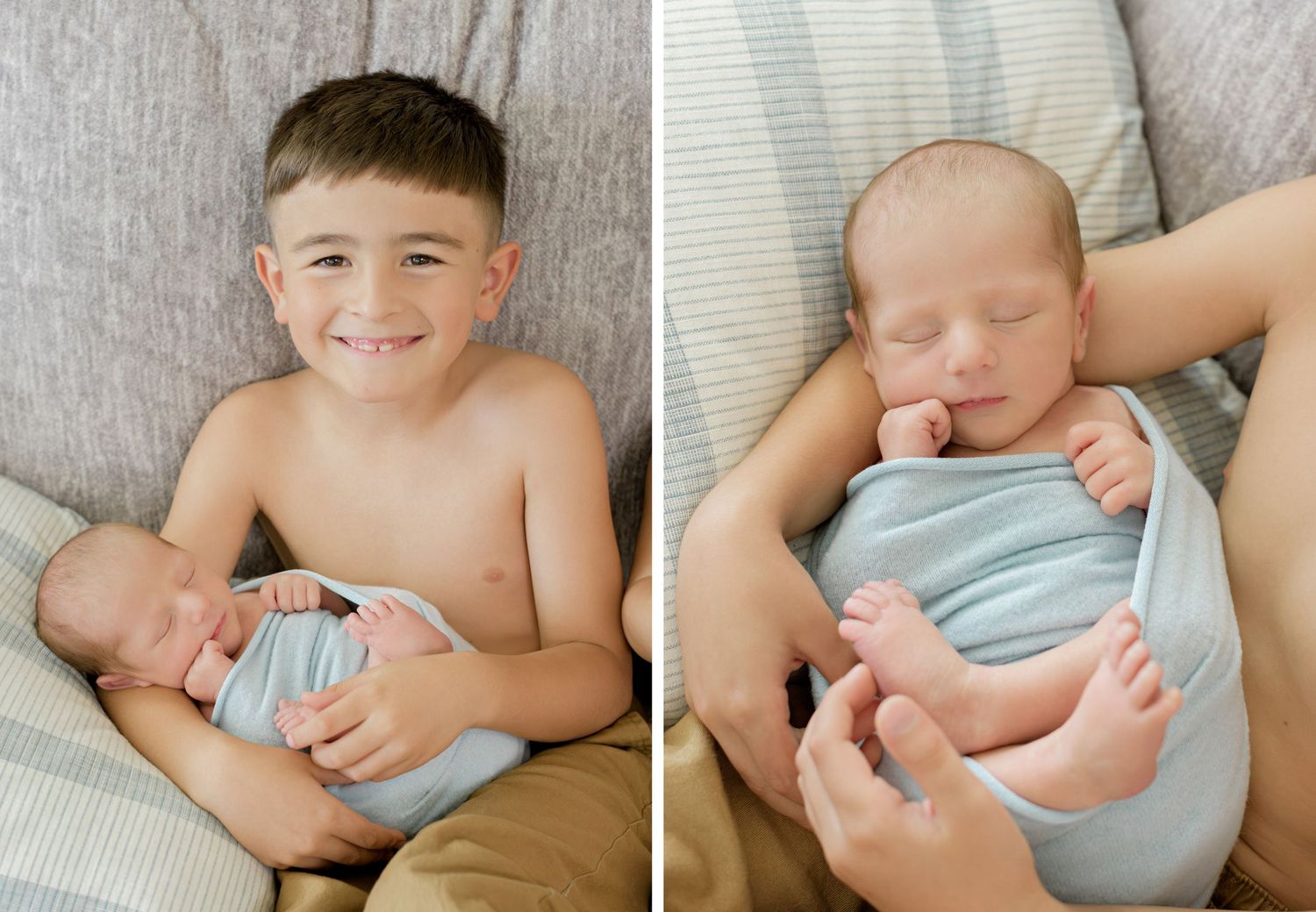 A collage of tender moments with a sleeping newborn baby swaddled in soft blue blankets.