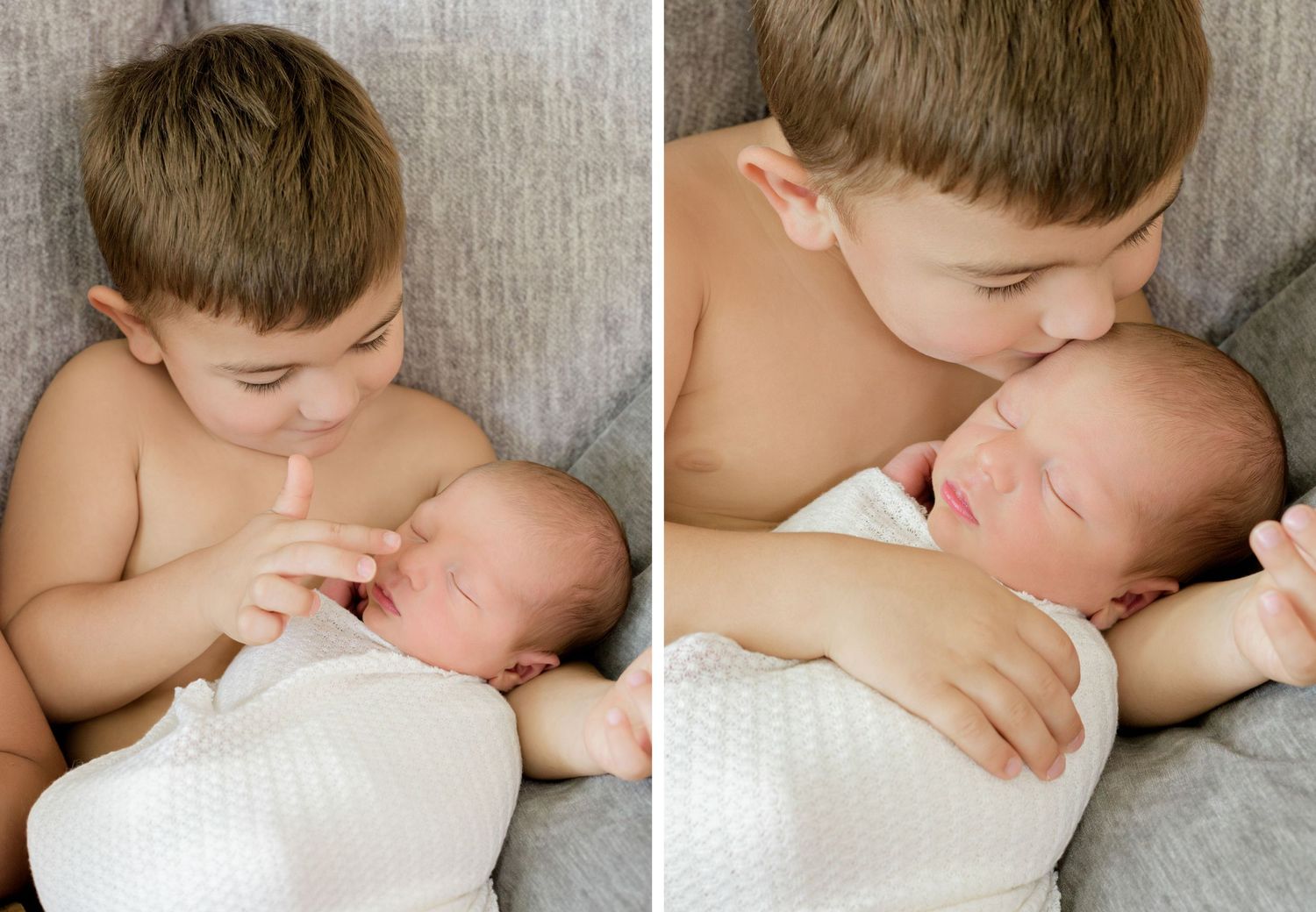 Sweet image of a tender moment between a young boy and newborn baby swaddled in white.