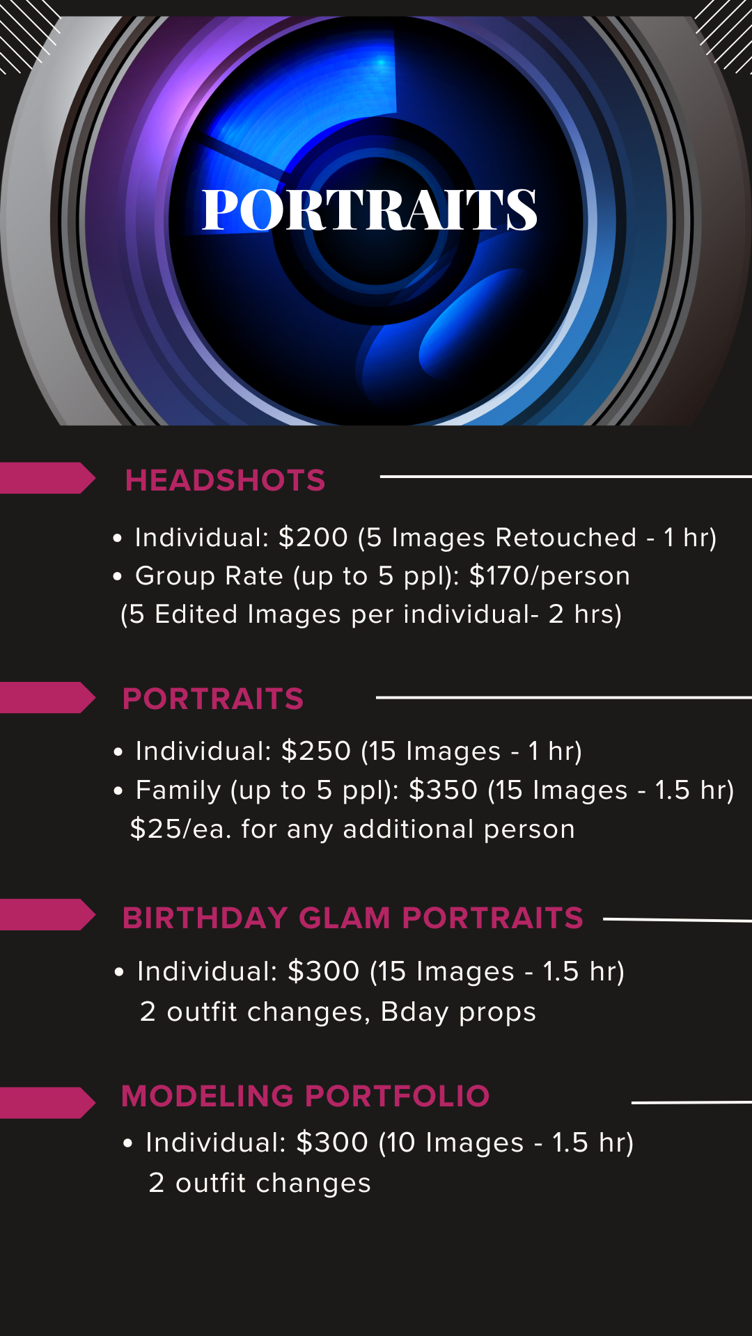 Photography portrait pricing chart displaying rates for headshots, individual sessions and group photos on dark background.