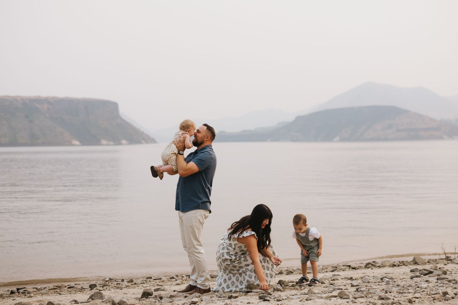 A sequence of panoramic beach landscape photos showing families and couples enjoying leisure time on a misty ocean shore.