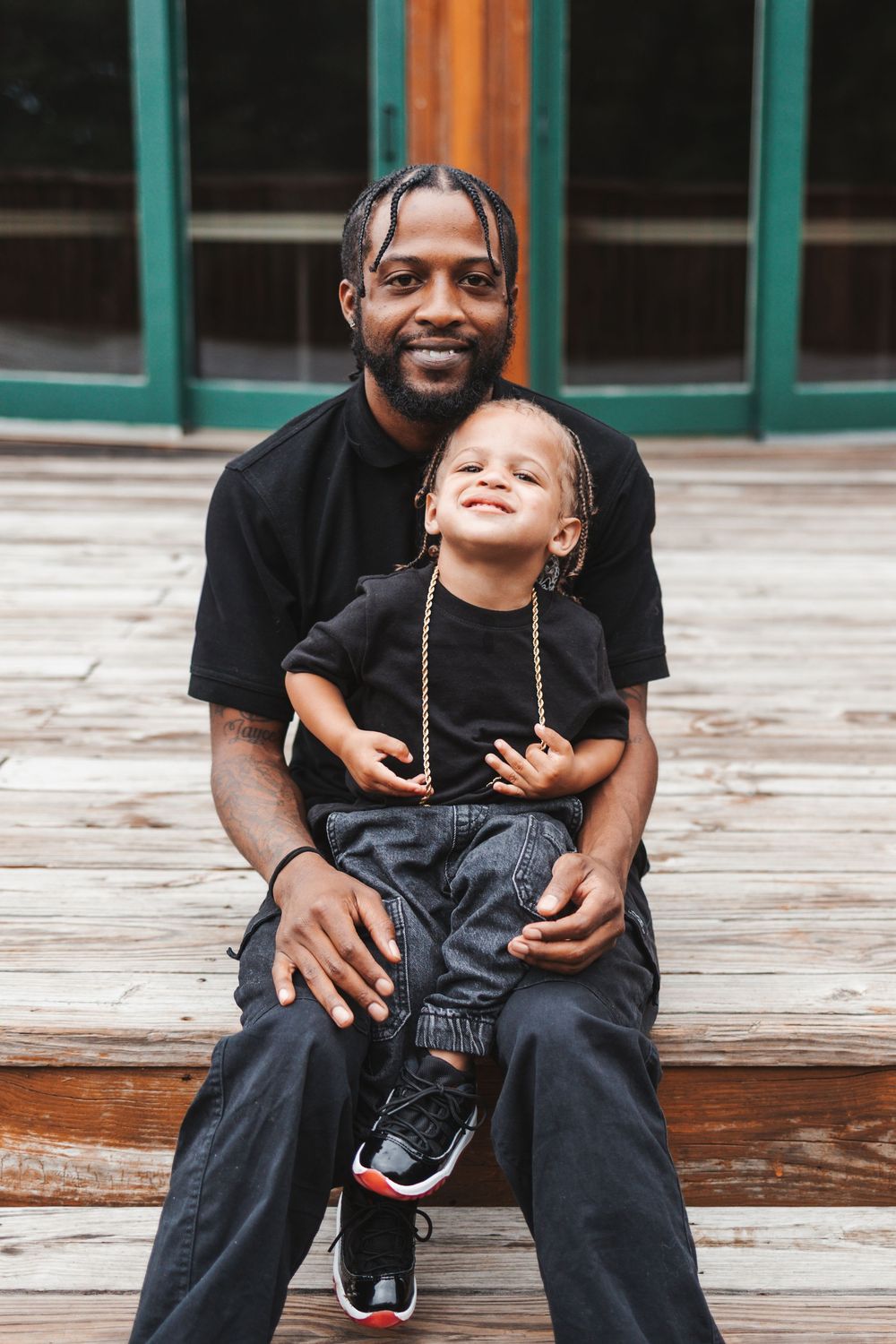 Candid shots of parent and child laughing while sitting together on wooden deck steps.