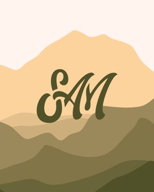 Stylized EM monogram logo design against a minimalist mountain landscape background in earthy green and beige tones.