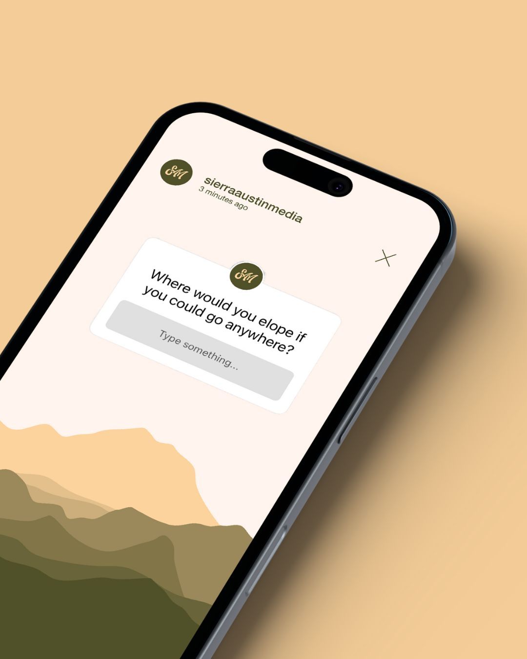 A smartphone displays a chat interface with a gradient mountain landscape background in muted green and beige tones.