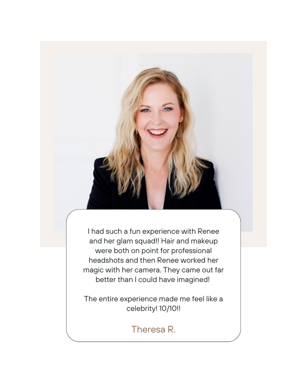 Professional business headshot with a testimonial quote displayed below in a white rounded box against light background.