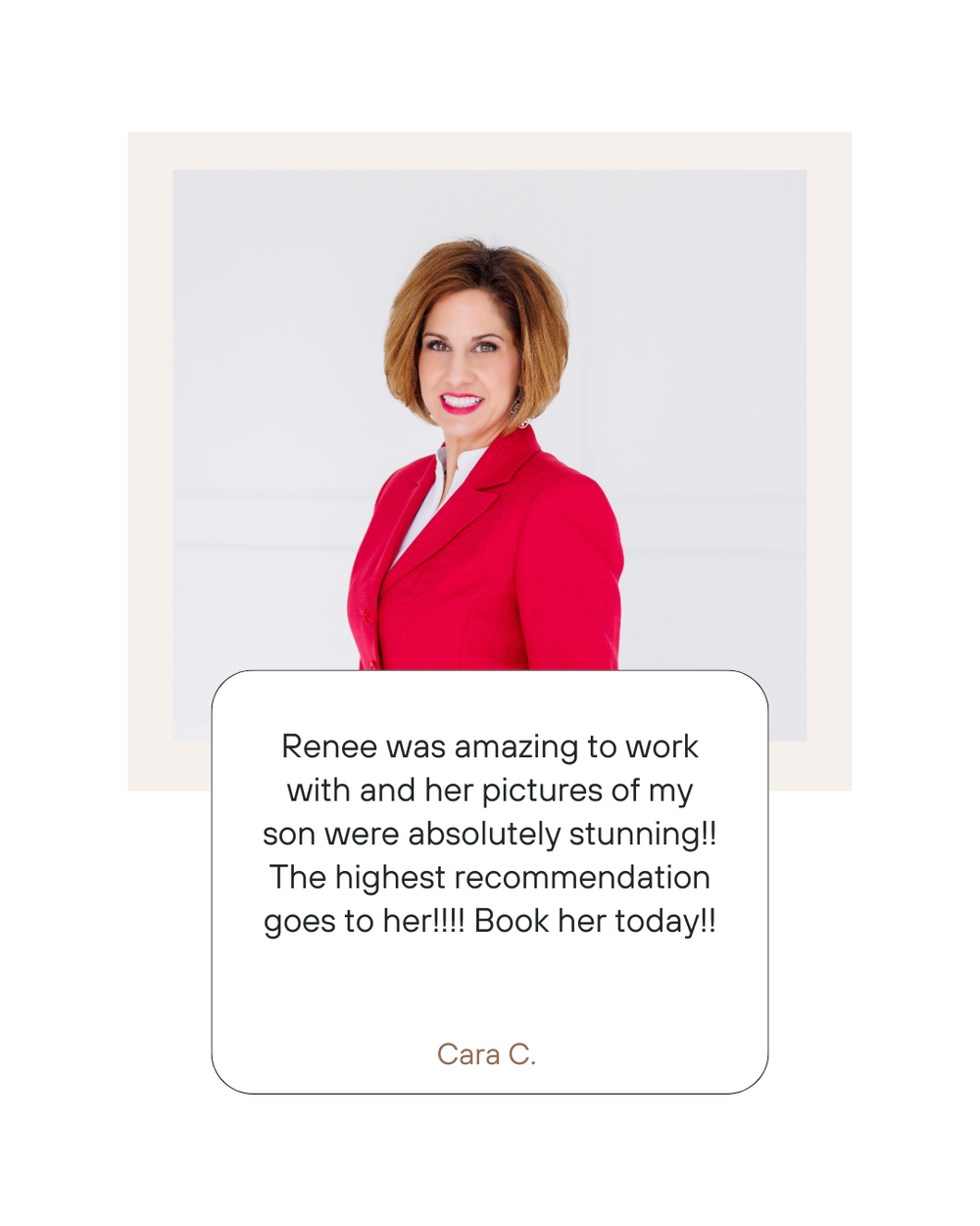 Professional portrait testimonial cards featuring glowing client reviews and recommendations on a light background.