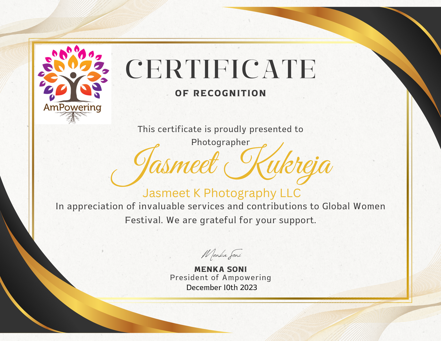 White Gold Elegant Modern Certificate of Participation - Jasmeet K Photography