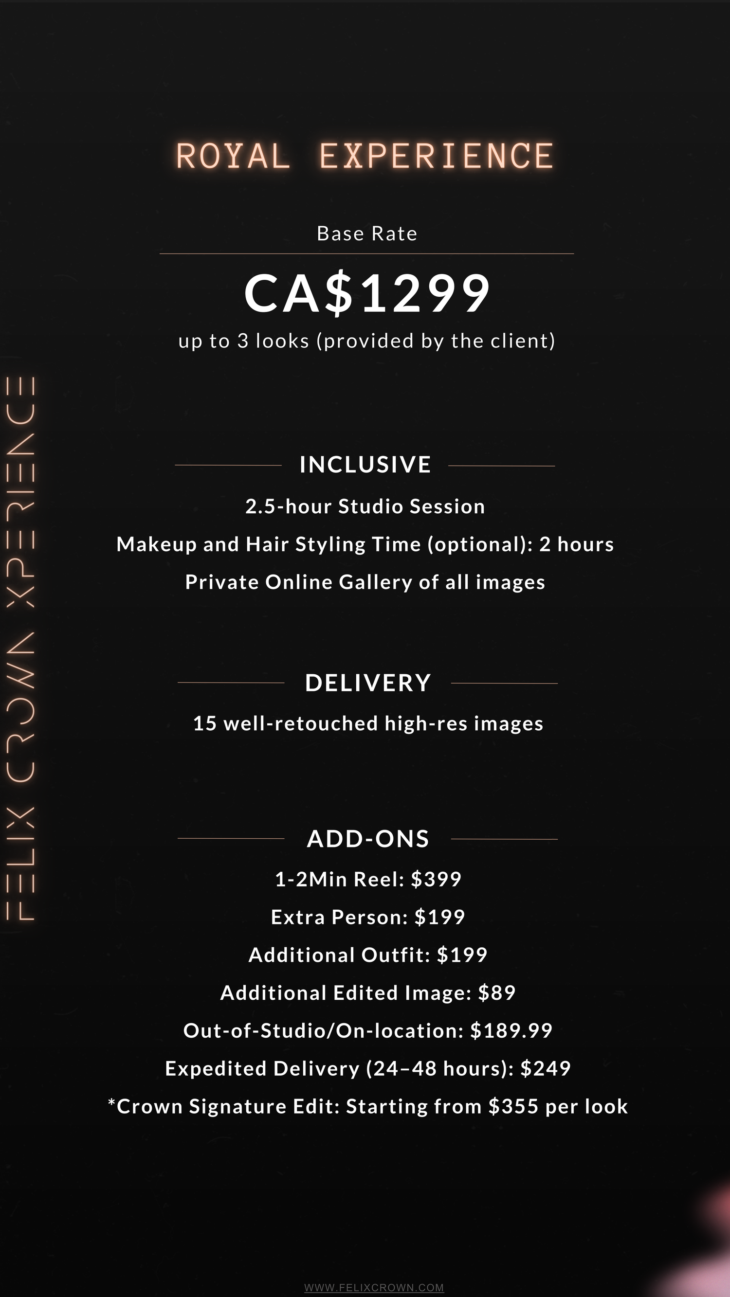 Royal Experience photography package pricing menu with gold text on black background.