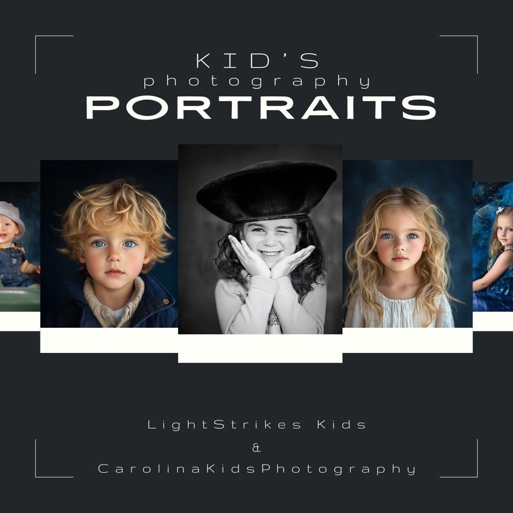 Professional portrait photography showing black and white and color photos of children in artistic poses.