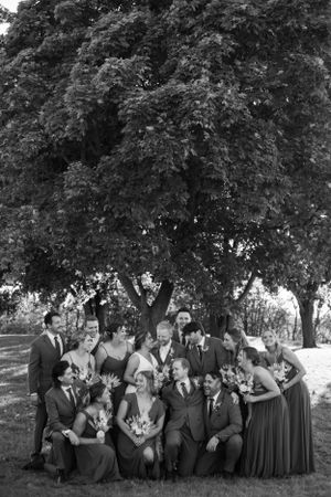 Black and white group photo of wedding party posing together under large tree.